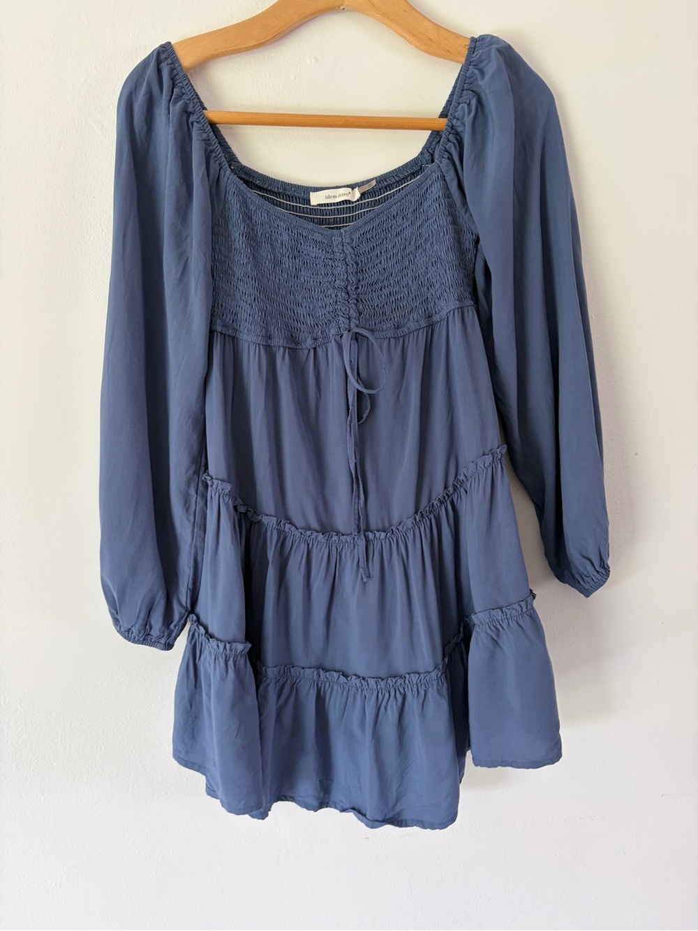 Idem Ditto Blue Smocked Bodice Long Sleeve Tiered Skirt Mini Dress Size Small
